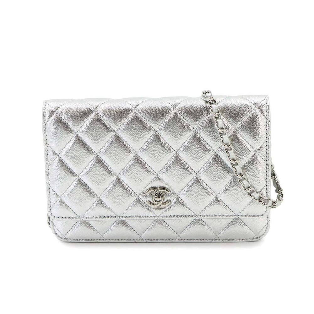 Chanel Matelassé Classic Chain Wallet, Long Caviar Leather, Metallic Silver, ...